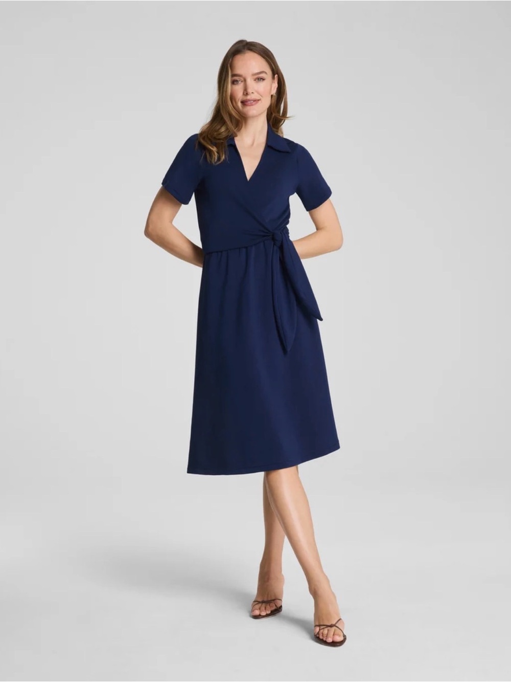 SPANX AirEssentials Collared Tie-Waist Midi Dress Navy Size Large L NWT